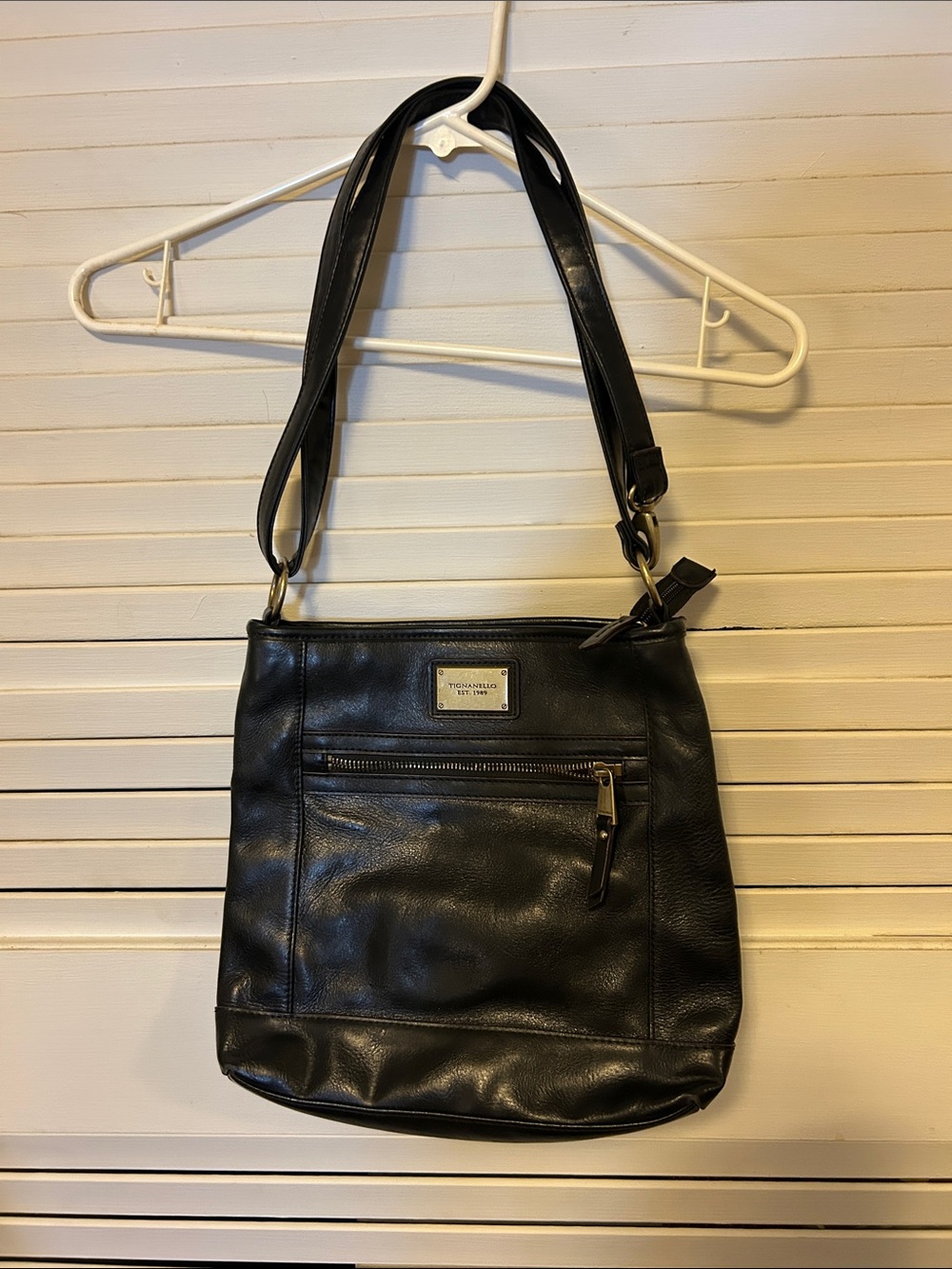 Tignanello Black Leather Shoulder Crossbody with Gold Hardware